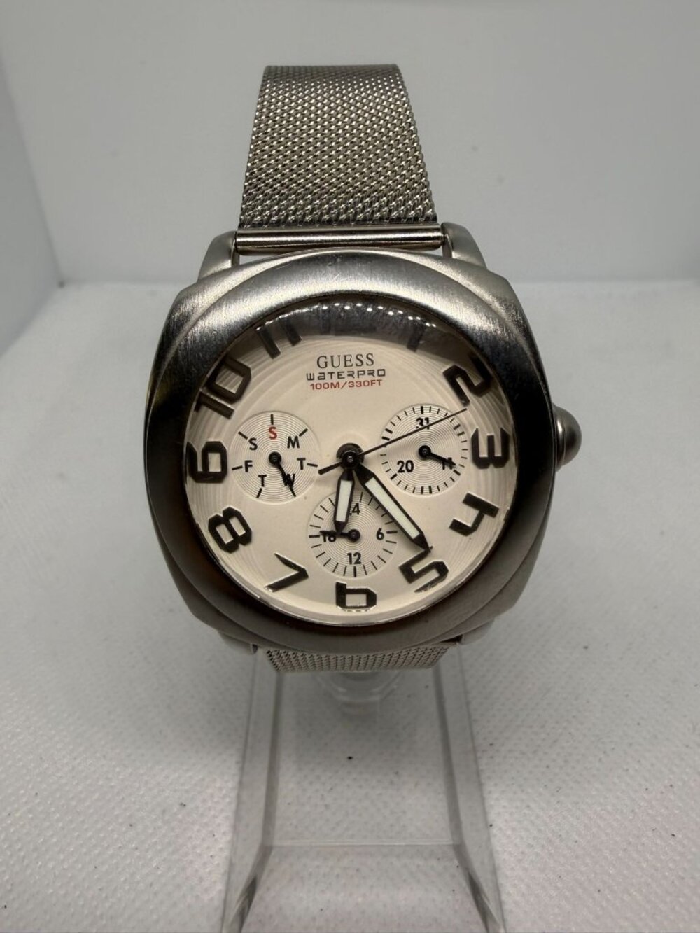 Guess Waterpro Mesh Band Mens Watch 100M Chronograph Silver Tone Whire Dial